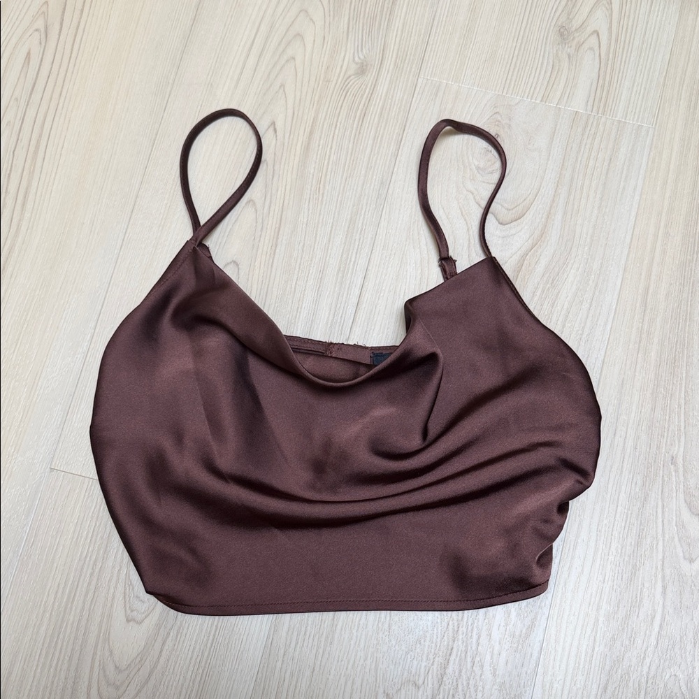 Brown Satin Cowl Neck Crop Top